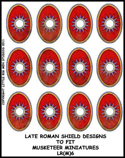 Sheet of 12 Late Roman shield transfers with red oval designs for Footsore Miniatures shields