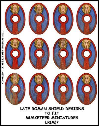 Sheet of Late Roman shield transfers with twelve oval designs featuring red and blue patterns and a golden face emblem for miniature models