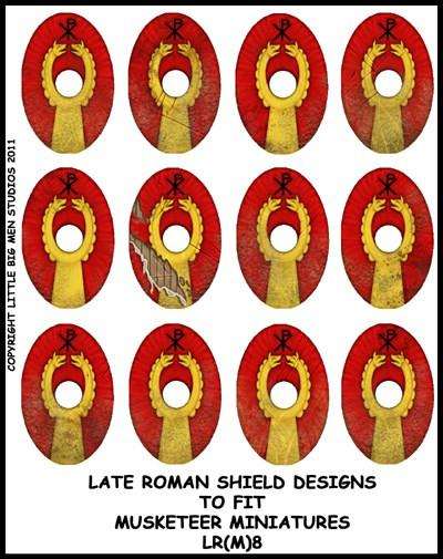 Sheet of Late Roman Shield transfers with 12 red and gold oval shield designs for miniature models