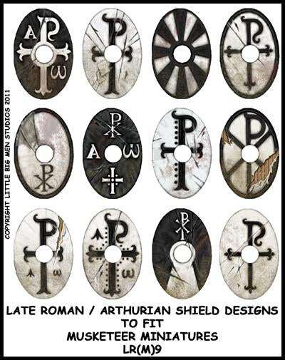 Sheet of Late RomanArthurian shield transfers featuring 12 oval designs for Footsore Miniatures with application instructions