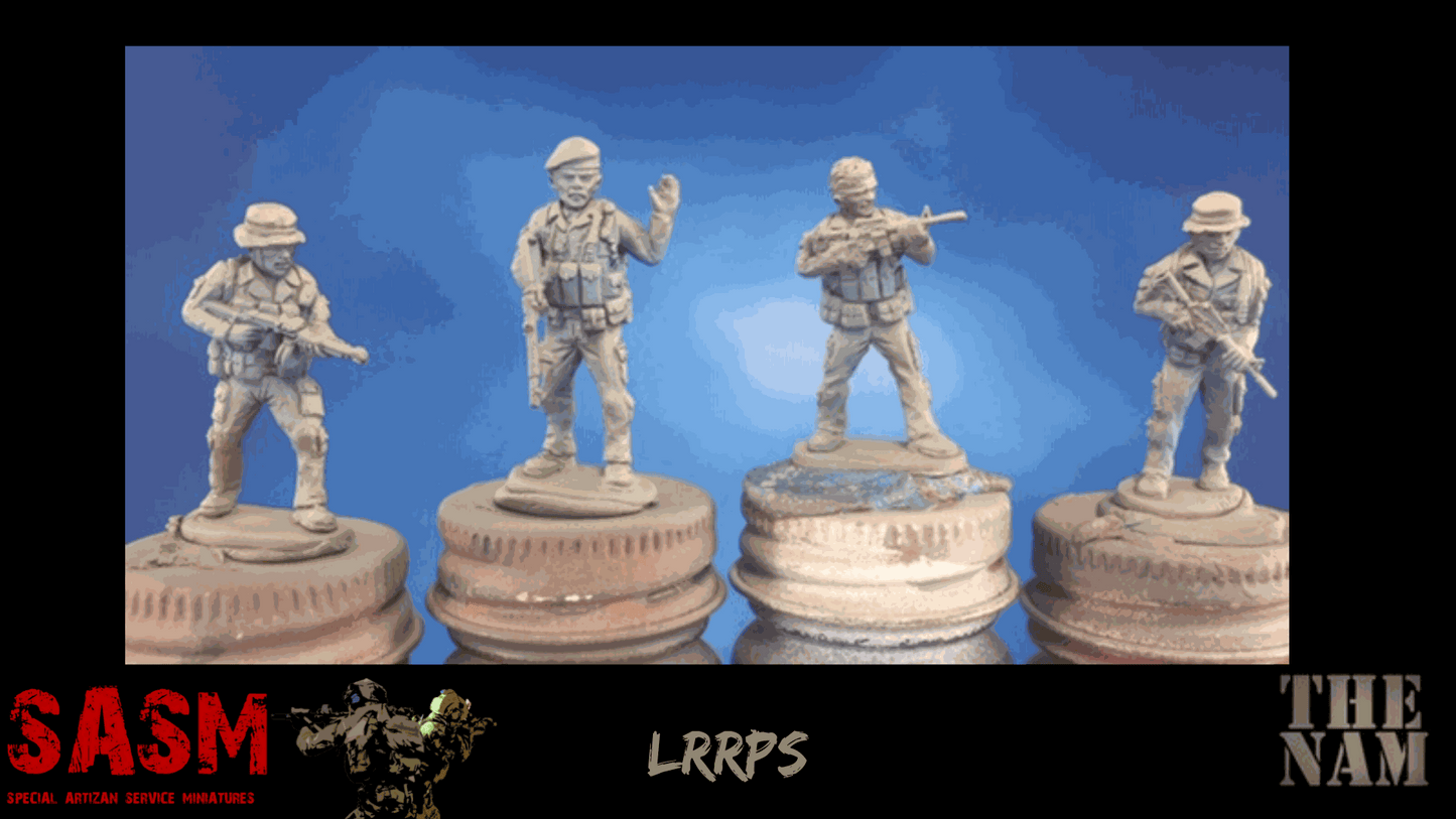 Set of four 28mm metal miniatures depicting Modern Vietnam US LRRPS soldiers on round bases against a blue background