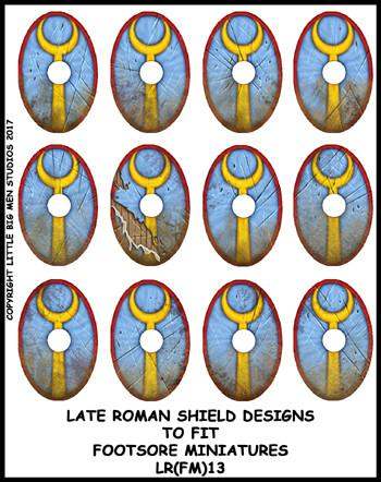 Late Roman Shield Transfer sheet with 12 designs for Footsore Miniatures' Late Roman oval shields.