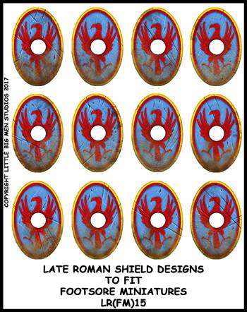 Sheet of 12 Late Roman shield transfers with red phoenix designs on blue and yellow oval backgrounds for Footsore Miniatures.