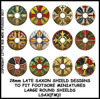 Set of 12 Late Saxon Shield transfers for Footsore Miniatures large round shields with detailed historic designs