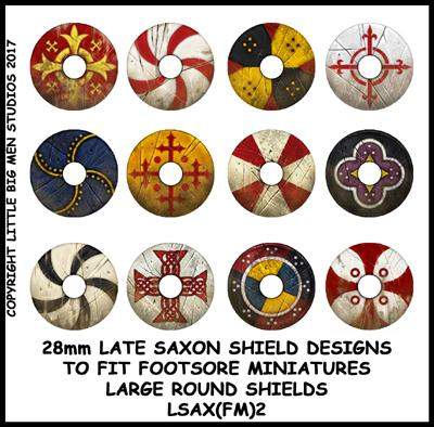 Set of 12 Late Saxon Shield transfers for Footsore Miniatures large round shields with detailed designs