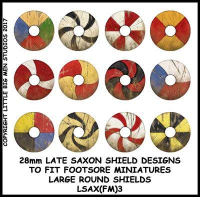 Set of 12 Late Saxon Shield transfer designs for 28mm Footsore Miniatures large round shields