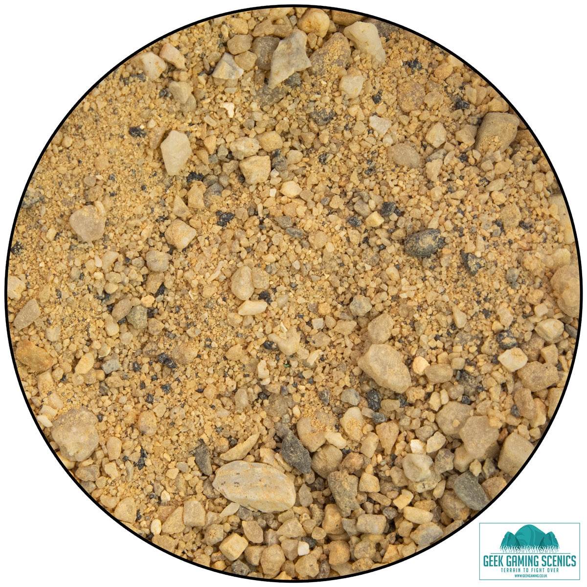 Close-up of Lukes Aps Basing Ready Desert Sand and Stone mixture for miniature basing with sand, gravel, and aggregates