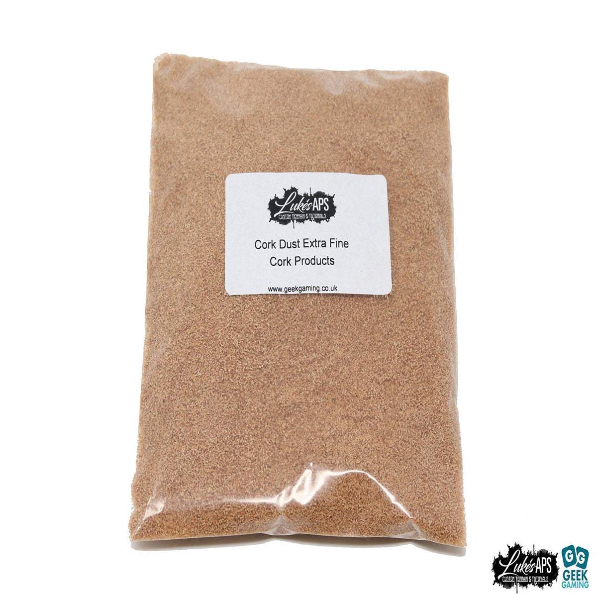 Extra fine cork dust in natural brown color, packaged for diorama ground covering and modeling use