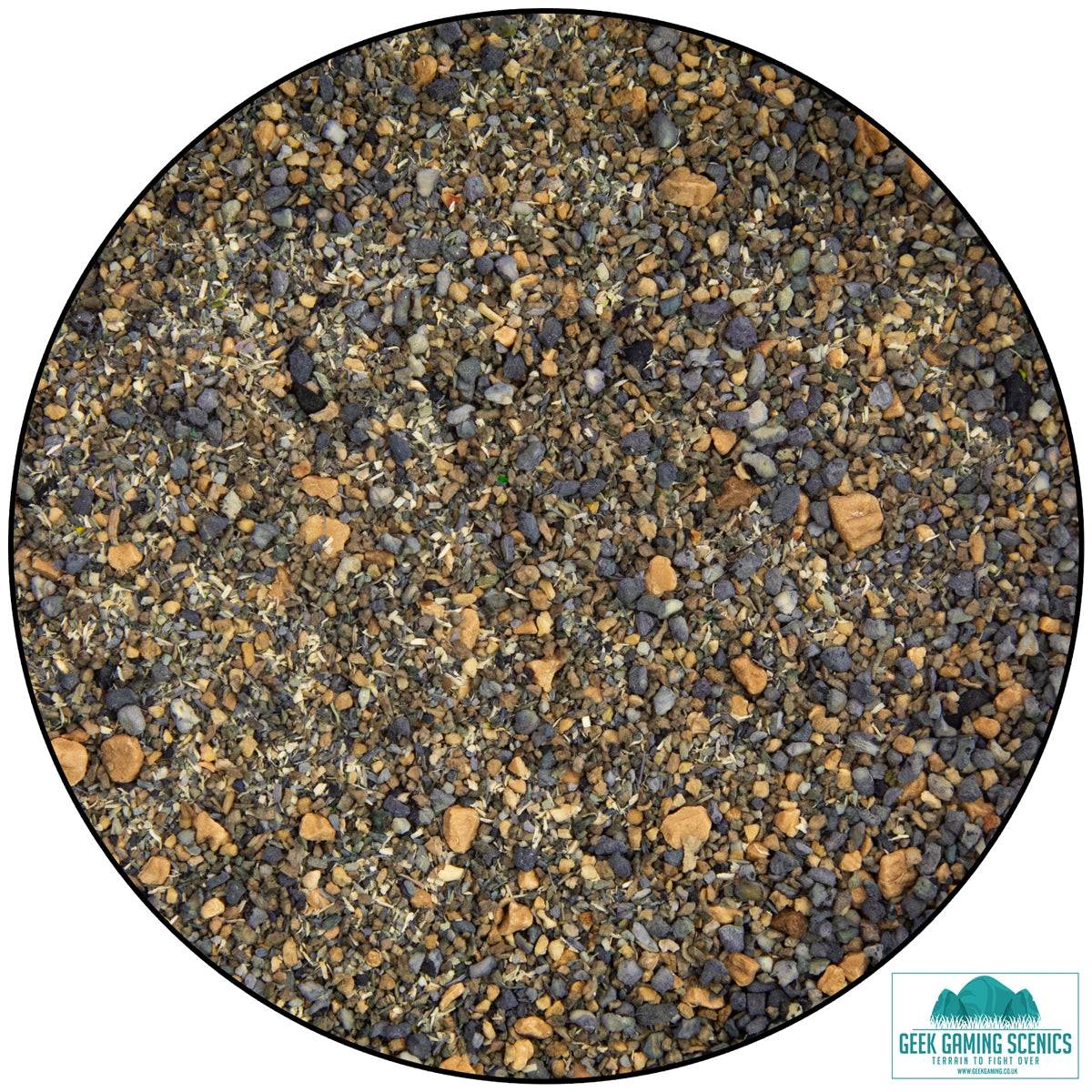Close-up of Geek Gaming Mountain Pass coarse rubble mixture for miniature basing with sands, gravels, and aggregates