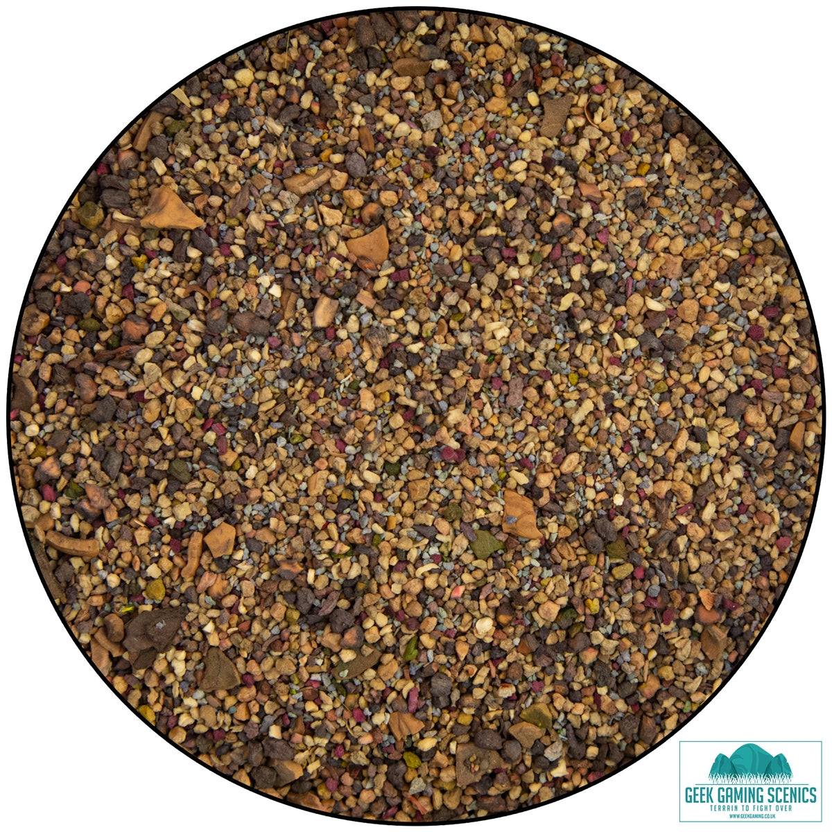 Close-up of Geek Gaming River bed coarse rubble mix for miniature basing with various sands and small gravel pieces