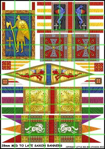 Mid to Late Saxon banners sheet with colorful historical designs for miniature painting.