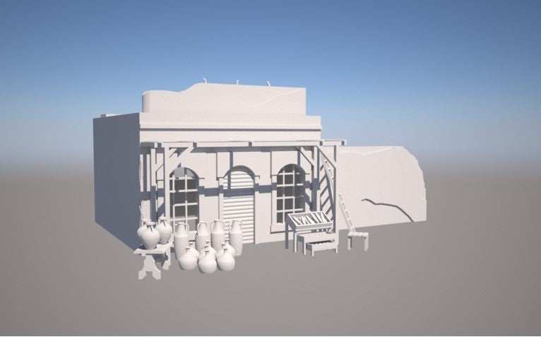 3D printable model of a middle eastern market building with pottery and furniture pieces