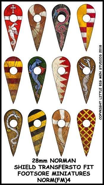 Set of 12 Norman kite shield transfers for 28mm Footsore Miniatures with detailed medieval designs