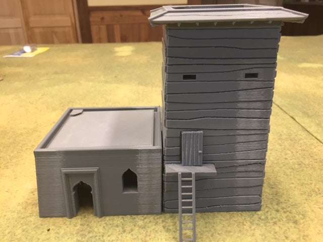 3D printed NWF Fort model kit for NorthWest Frontier gaming with tower and adjoining building.