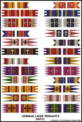 Sheet of Norman Lance Pennants decals for painted miniatures with detailed medieval designs