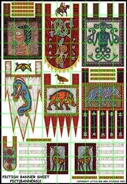 Pictish Banner Sheet featuring colorful ancient Pict symbols and animal designs for miniature painting.