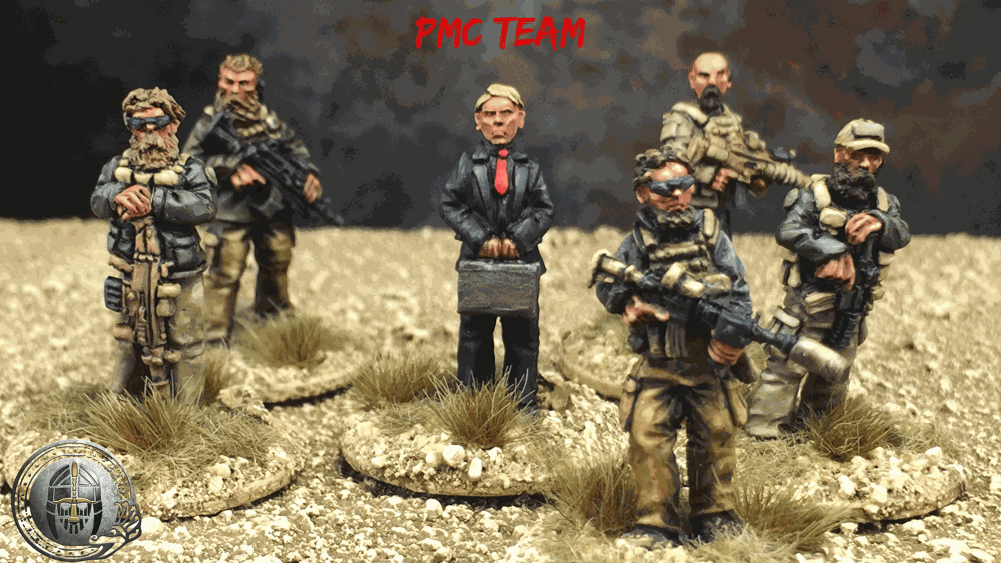 28mm Modern PMC set with one VIP and five armed figures on desert terrain bases for gaming