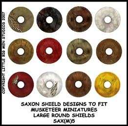 Set of 12 Saxon Shield transfers for large round miniature shields with varied colors and weathered designs