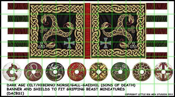 Dark Age Celt banner and shields sheet with intricate Celtic knot designs and mythical motifs for miniature painting