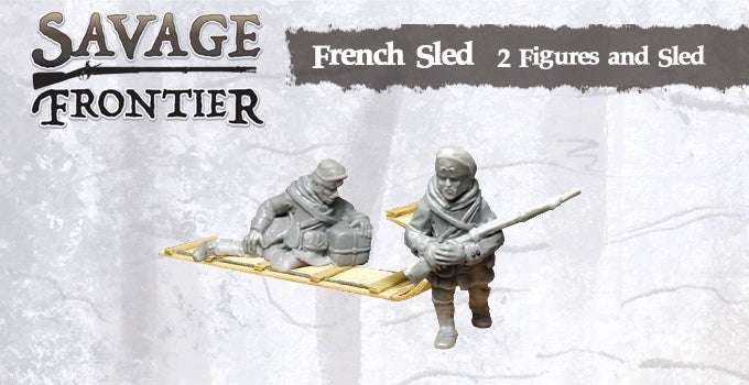 28mm Winter French Marine metal miniatures pack with two figures, sled, and snowshoes for Savage Frontier gaming.