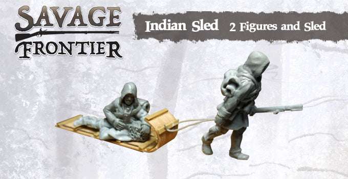 28mm Winter Indian Sled pack with two metal miniature figures and a sled with snow shoes