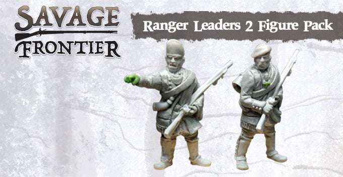 28mm Winter Ranger Leader metal miniatures pack with snow shoes, two detailed figures for Savage Frontier game.