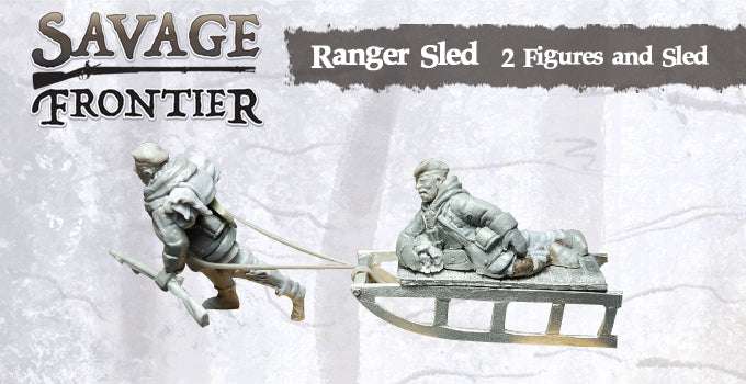 28mm Winter Ranger metal miniatures pack with two figures and a sled including snow shoes