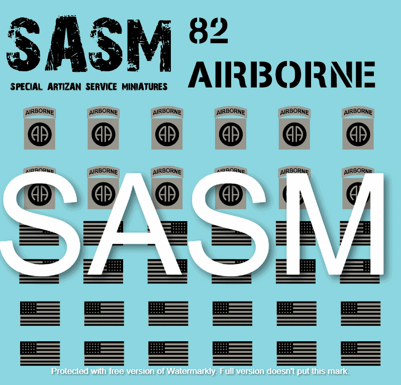 28mm 82nd Airborne decals sheet for Special Artizan Service Miniatures with airborne insignia and American flags