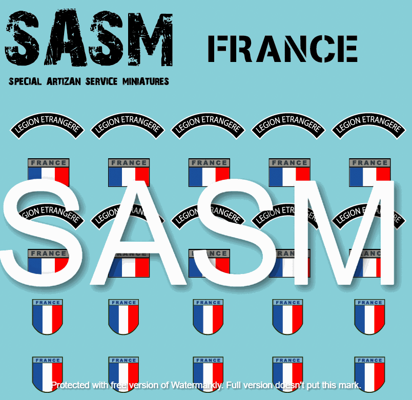 28mm French decals sheet for Special Artizan Service Miniatures featuring Legion Etrangere and French flags