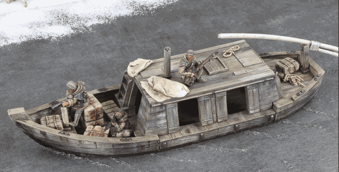 28mm Savage Frontier Boat model with resin two-part boat, three metal crewmen, and resin stowage details