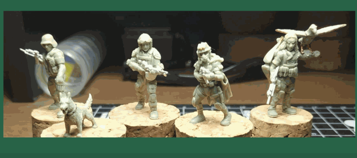 Set of six unpainted 28mm fighters miniatures with combat gear and weapons on cork bases
