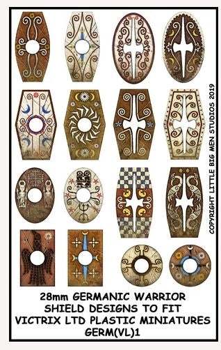 Set of 28mm Germanic Warriors shield designs with intricate patterns for Victrix plastic miniatures.