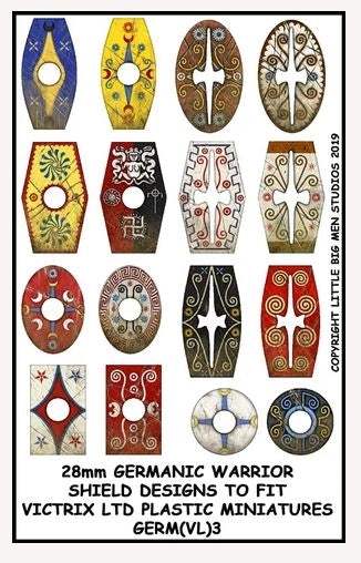 Sheet of Germanic Warriors Shield designs featuring colorful and intricate patterns for 28mm Victrix plastic miniatures.