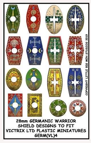 16 colorful Germanic Warriors Shield designs for 28mm Victrix plastic miniatures