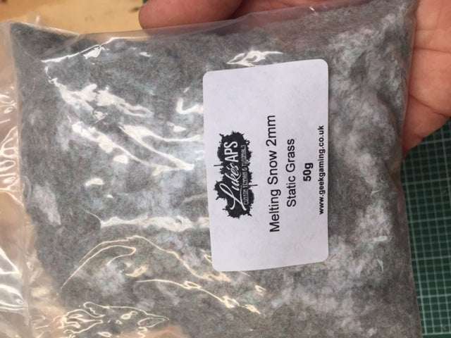 Lukes APS 2mm Melting Snow Static Grass 50g pack for realistic miniature terrain and railway modeling