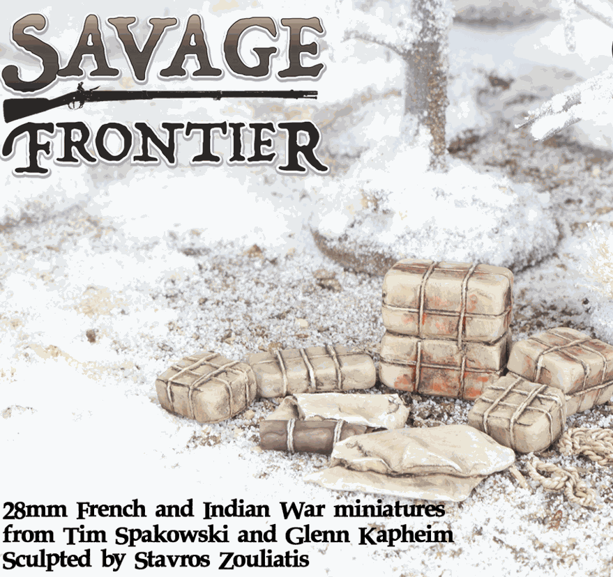 28mm Winter Stowage resin cast miniature pack with eight pieces for French and Indian War models
