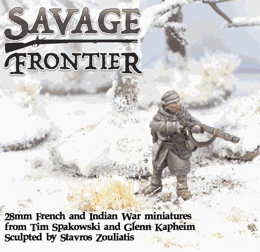 28mm Winter French and Indian War fur trapper metal miniature in snowy terrain