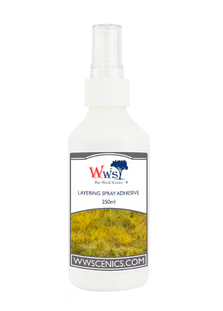 WSScenic 250ml layering spray glue for static grass and scenic detailing in wargaming terrain and dioramas
