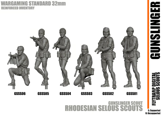 28mm unpainted resin miniatures of Rhodesian Selous Scouts in various combat poses for wargaming.