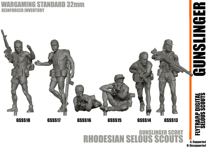 28mm resin printed unpainted Selous Scouts miniatures set for wargaming, depicting six Rhodesian soldiers in various poses.