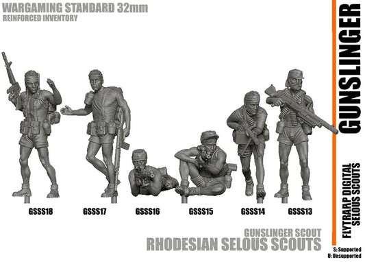 28mm resin printed unpainted Selous Scouts miniatures set for wargaming, depicting six Rhodesian soldiers in various poses.
