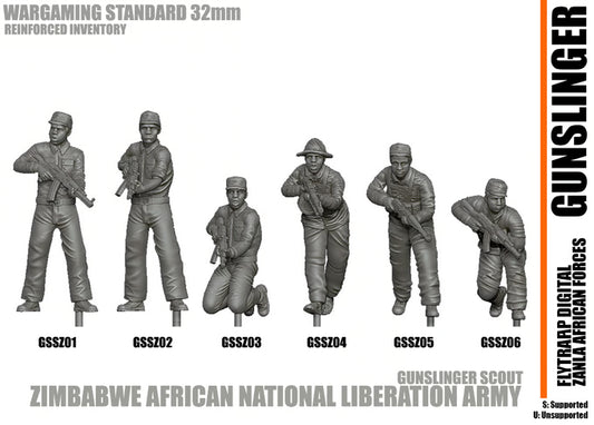 28mm Modern GUNSLINGER ZANLA resin miniatures set depicting Zimbabwe African National Liberation Army soldiers in various poses with rifles unpainted