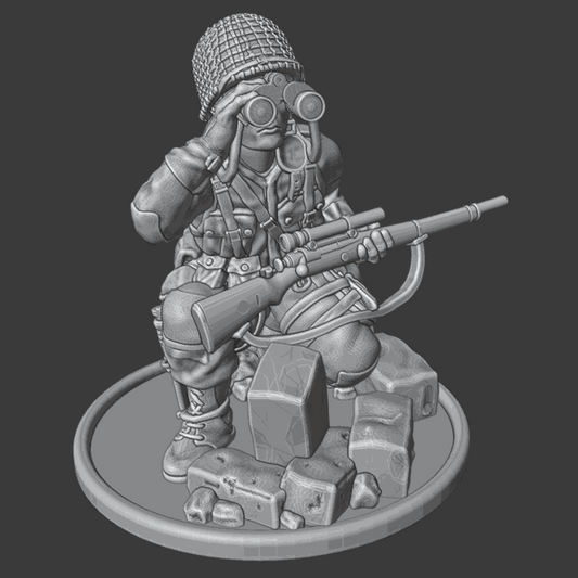 28mm WW2 US paratrooper sniper miniature with Springfield scoped rifle and binoculars on rocky base