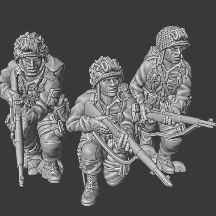 28mm WW2 US paratroopers resin miniatures set with M1 Garand rifles in various poses, unpainted and unbased