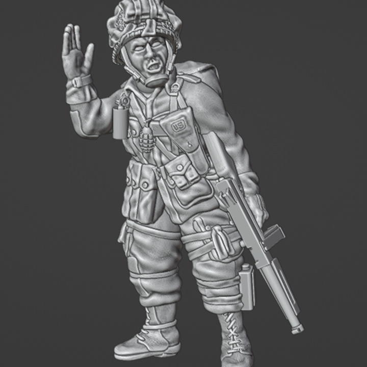 28mm WW2 US paratrooper officer NCO advance sign miniature holding Thompson SMG resin model unpainted