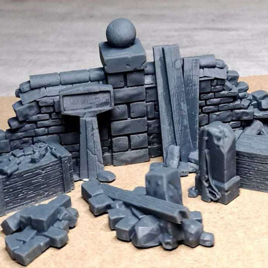 28mm WW2 Normandy ruins set with ruined wall, rubble, wooden planks, ammo box, and kilometer marker miniature models