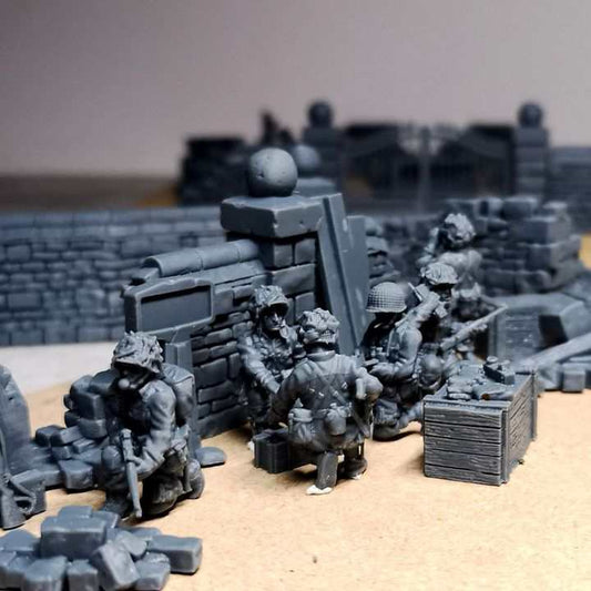 28mm WW2 US paratrooper command group diorama with Normandy ruins and detailed resin miniatures