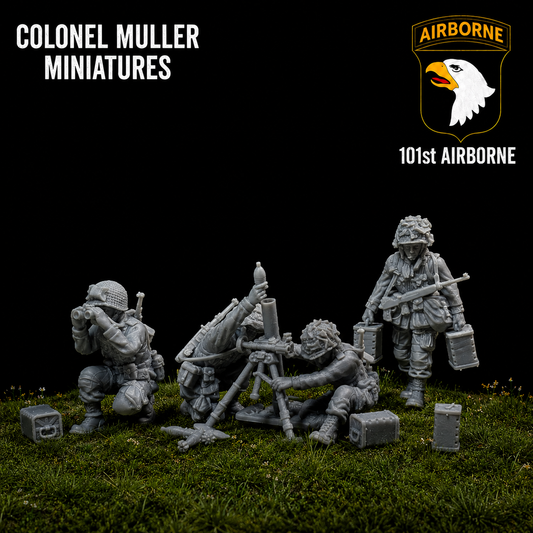 28mm WW2 US AIRBORNE ADVANCING 81mm MORTAR AND CREW