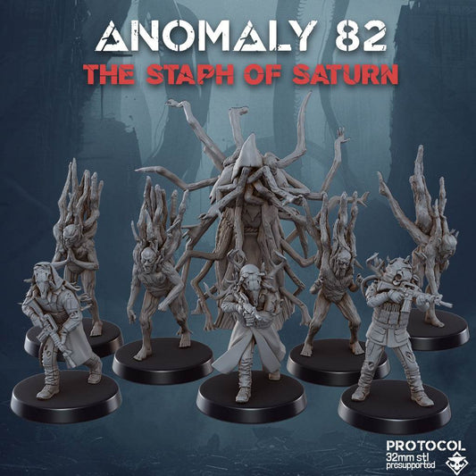 32mm The Staph of Saturn resin printed miniatures set of eight unpainted models with sci-fi characters and creatures
