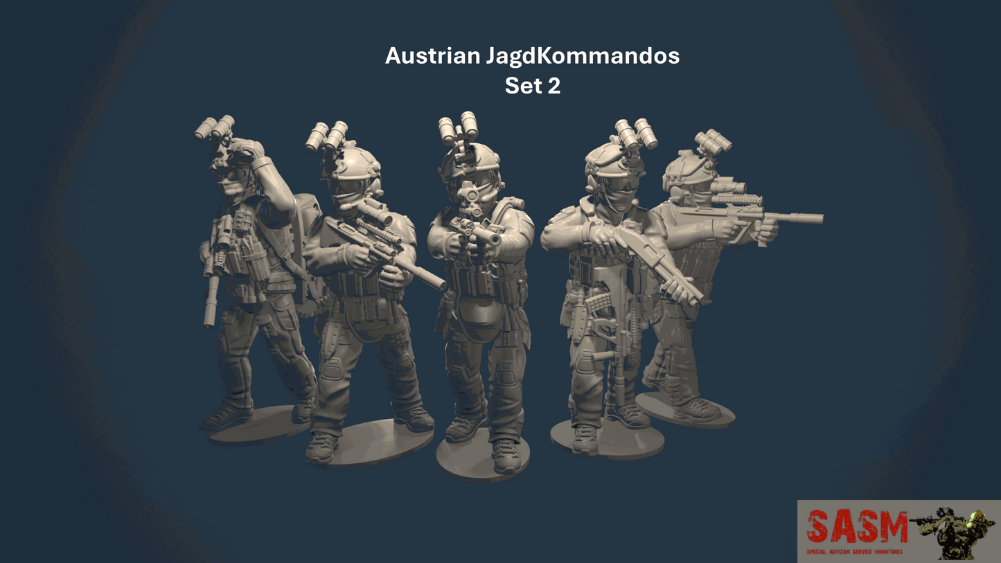 28mm Austrian Jagdkommandos resin miniatures set of five detailed Tier 1 special forces models in tactical gear and helmets with assault rifles and breaching equipment